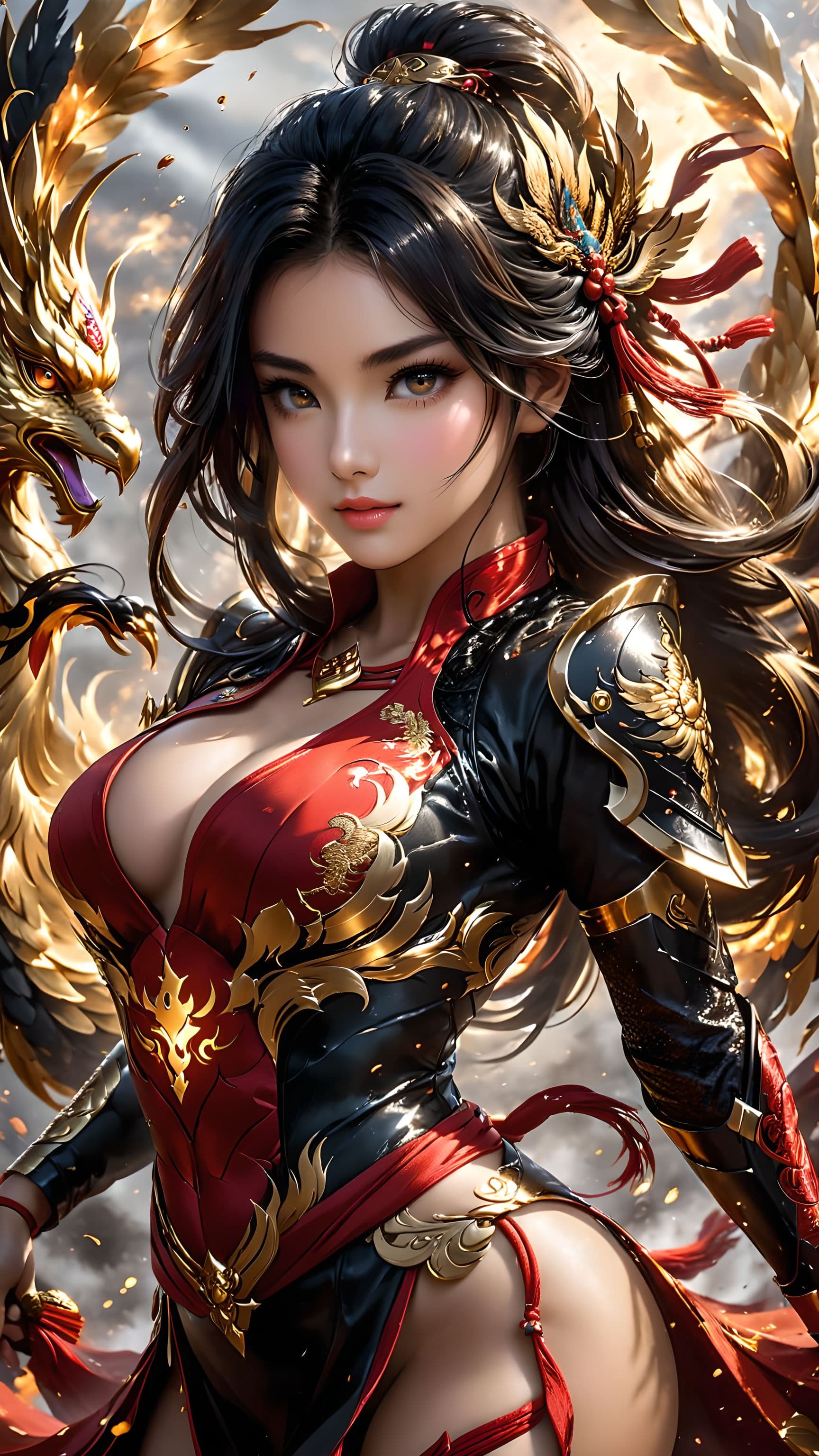 AI generated: A graceful Kunoichi clad in a sleek crimson and black battle ensemble, its flowing fabric adorned wi...
