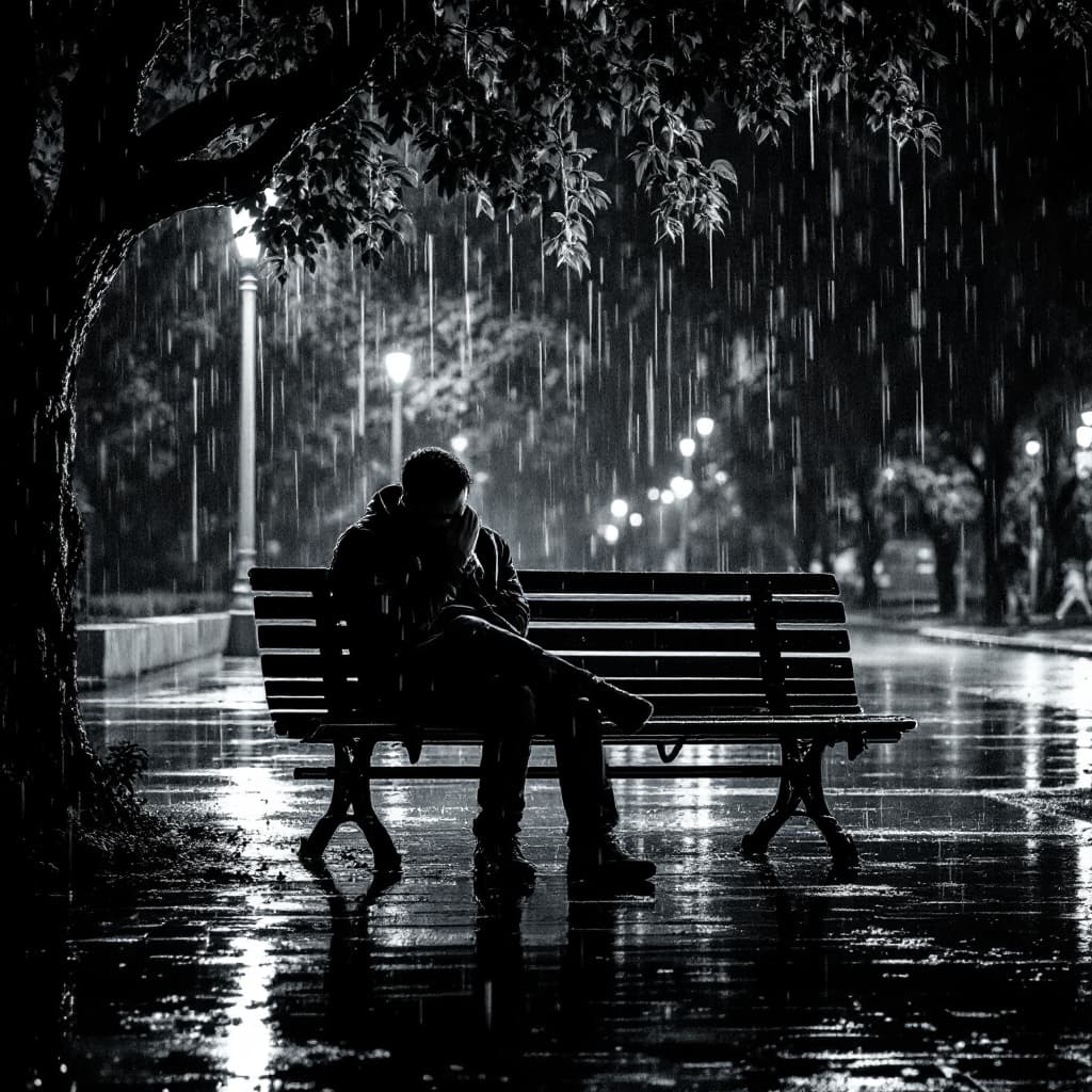 AI generated: Hombre triste y llorando sentado en una banca del parque en una noche lluviosa
