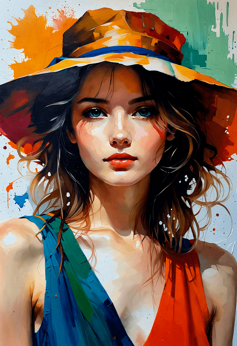 AI generated: Create an image of a woman with a contemplative expression, wearing a wide-brimmed, multicolored sum...