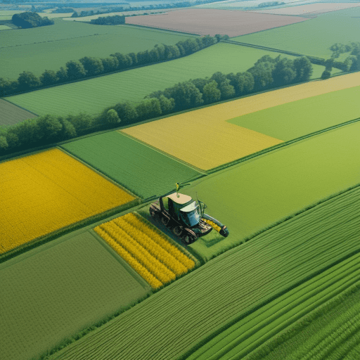 AI generated: Aerial view of hollands cultivated fields with John Deer tractors at work, photographed with a DJI M...