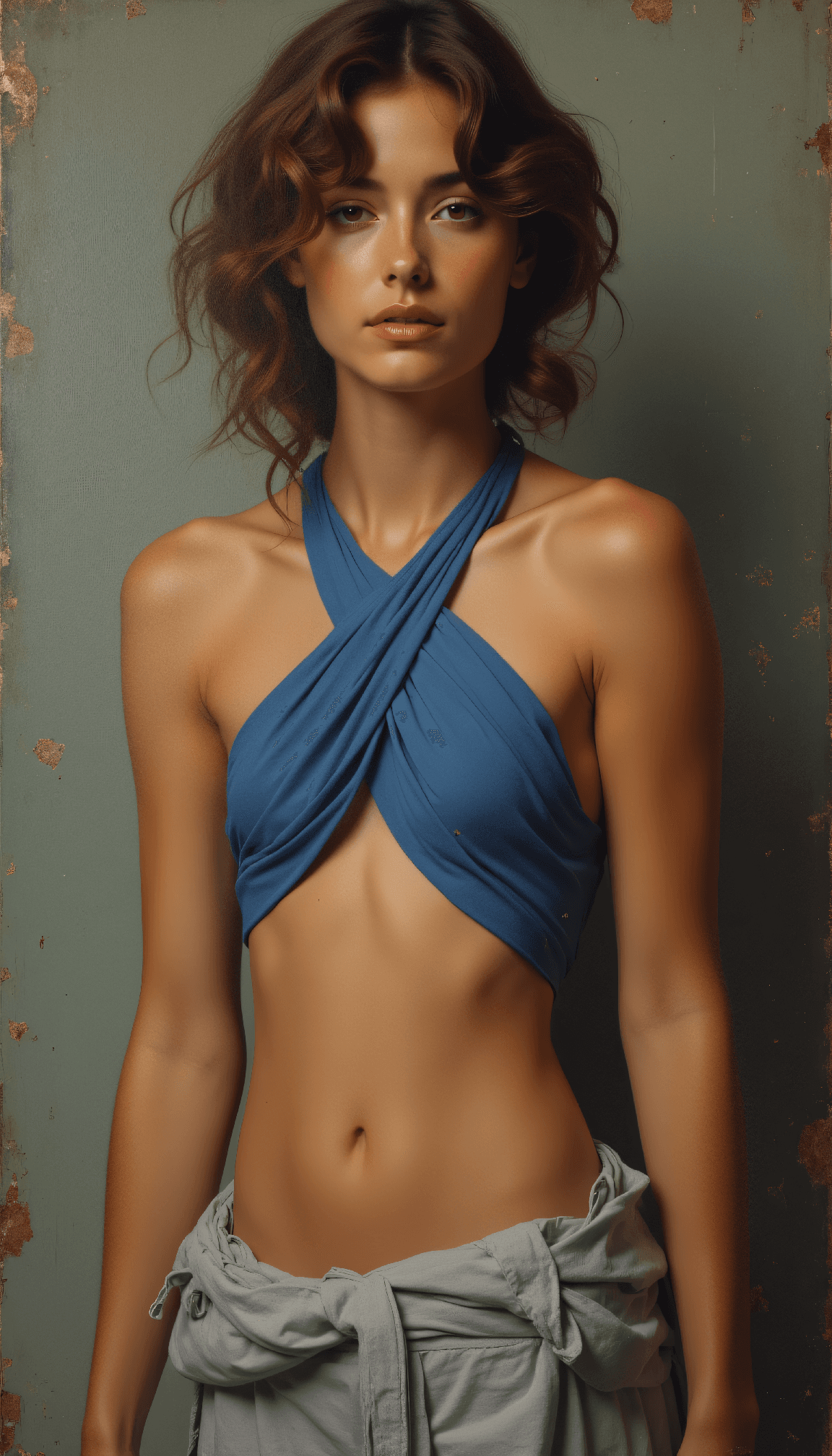AI generated: Neo-classical style painting with visible craquelure effect of a muscular woman, wearing a cobalt bl...