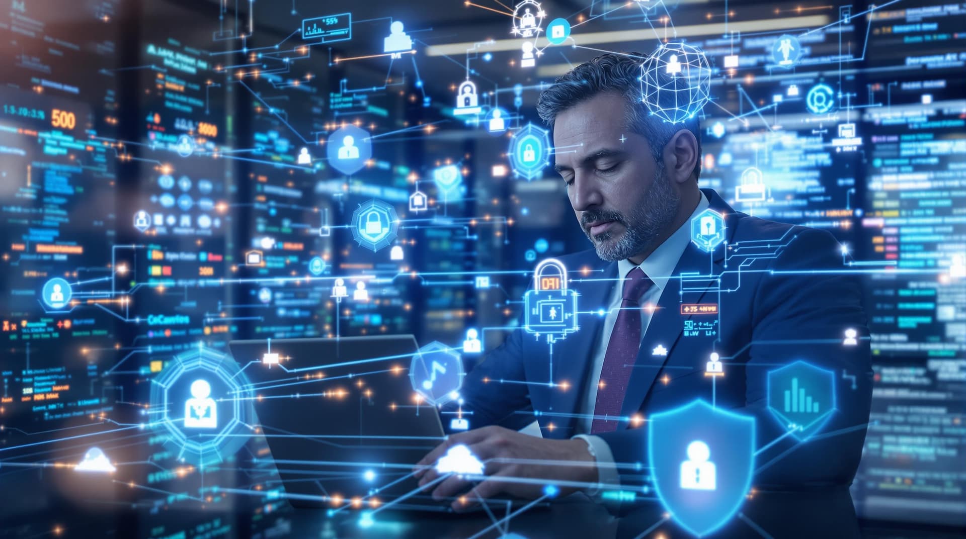 AI generated: /imagine prompt: Corporate IT transformation scene, 40-year-old CIO overseeing data migration to clo...