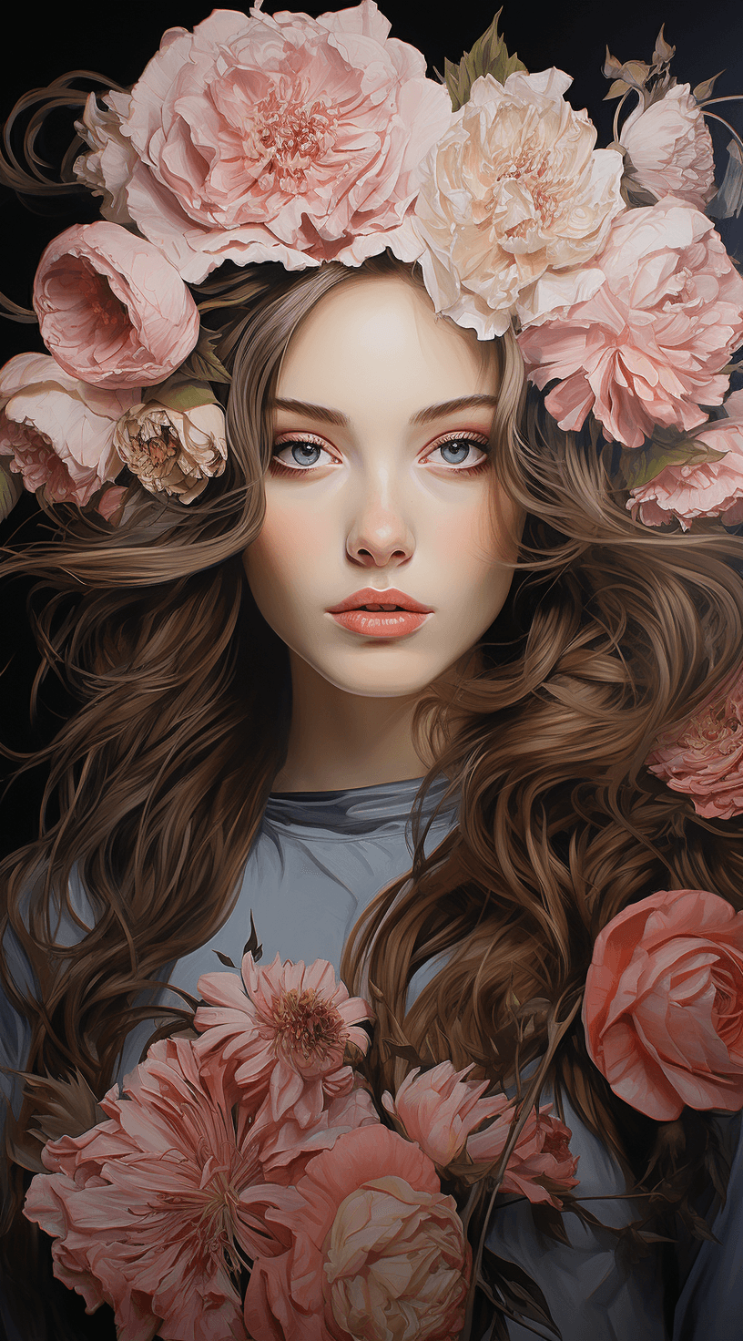 AI generated: Design a hyperrealistic superior commercial illustration featuring a model adorned with elegant peon...