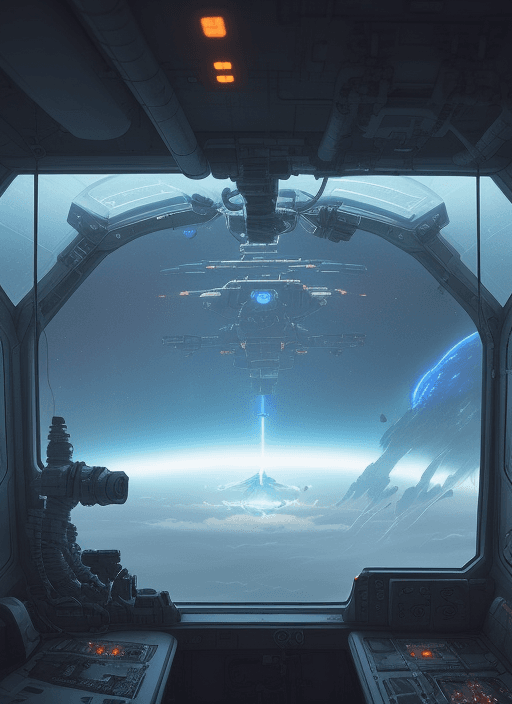 AI generated: Interior of a space station cluttered with electronics and science experiments, Sci-fi, View of eart...