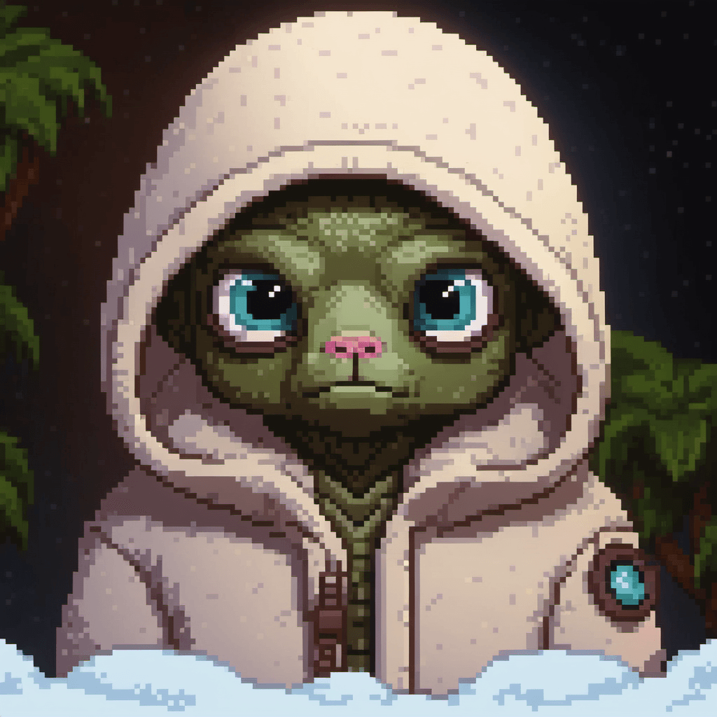 AI generated: An image of an alien, a small, white, and furry creature with a big head and large eyes. It is weari...