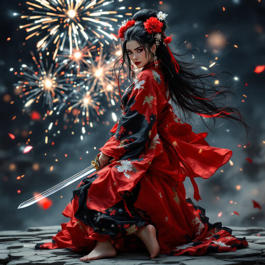 AI generated: (((Full body view))) of a fierce samurai woman of Japanese descent in a flowing red and black kimono...