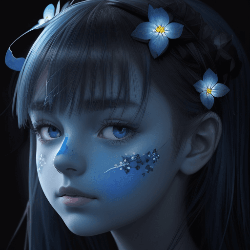 AI generated: a beautiful picture of a girl with blue flowers on her face, in the style of monochromatic paintings...