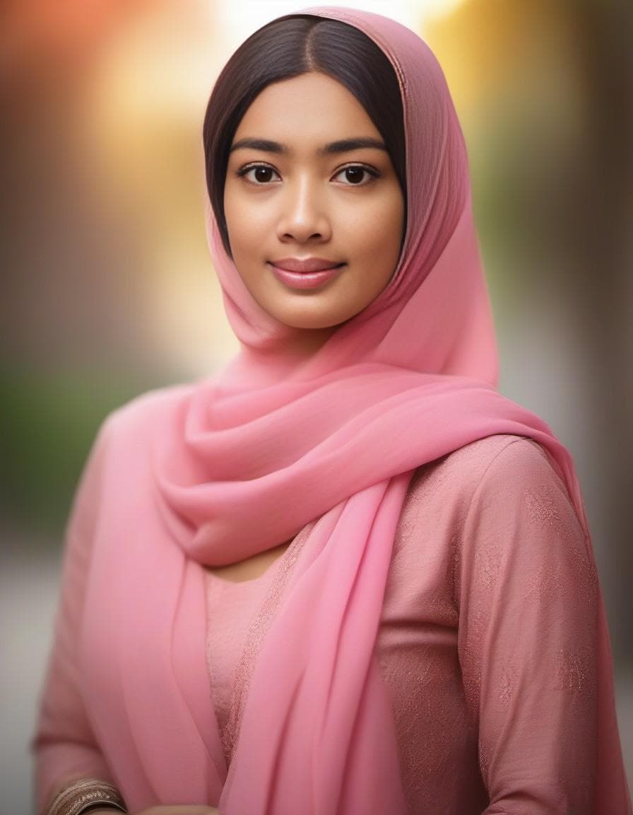 AI generated: Create a realistic style portrait of a gorgeous Turkish muslim women wearing pink color hijab , gorg...