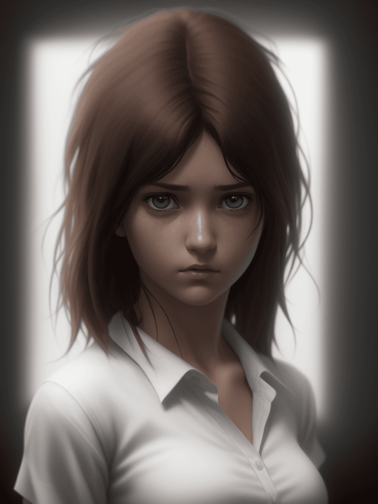 AI generated: a girl with white shirt, in the style of comic book-style art, rendered in maya, dark brown and whit...