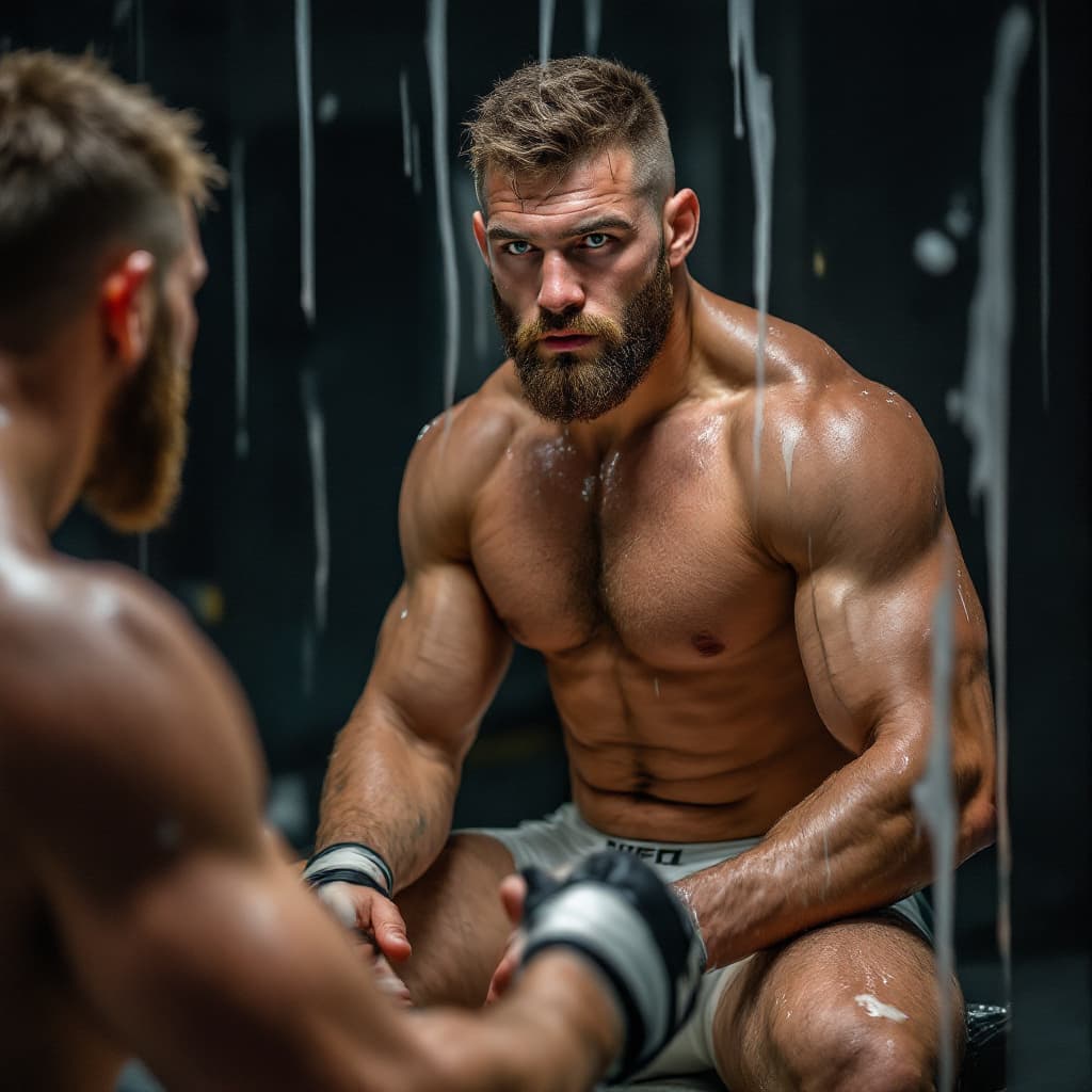 AI generated: Bosnian MMA fighter. 20 years old. Erko Jun. Green eyes. Caucasian. Serious. In front mirror Very sh...
