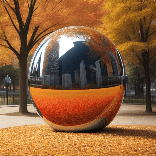 AI generated: photo of a chrome blob in a city park, autumn fall colors --beta --upbeta