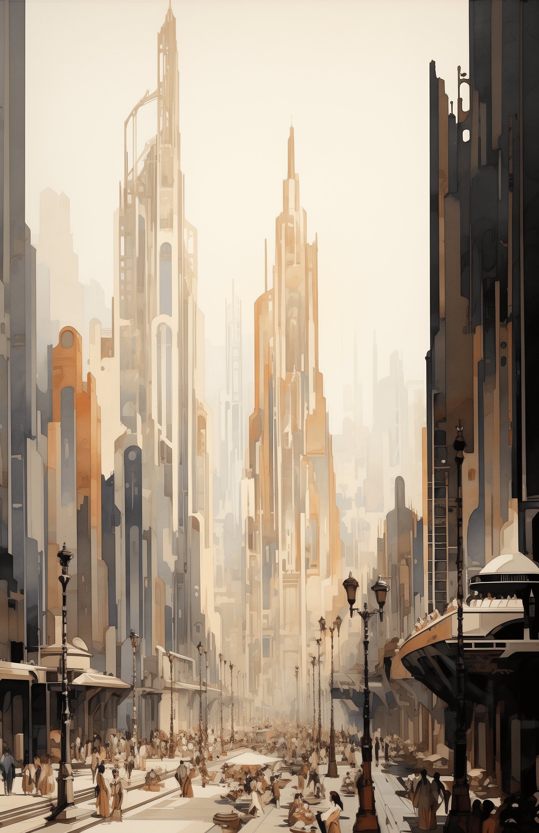 AI generated: The City, in the art deco style and architecture in the style of Charles Ebbets, a watercolor painti...