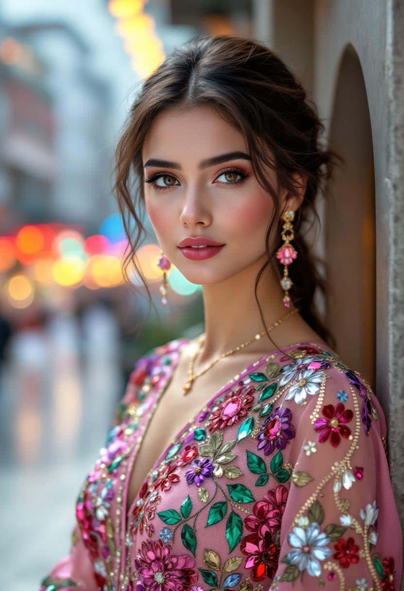 AI generated: beautiful Turkish woman((30year old)), eyeing eyes, brown eyes, (((wearing necklace, thin waist chai...