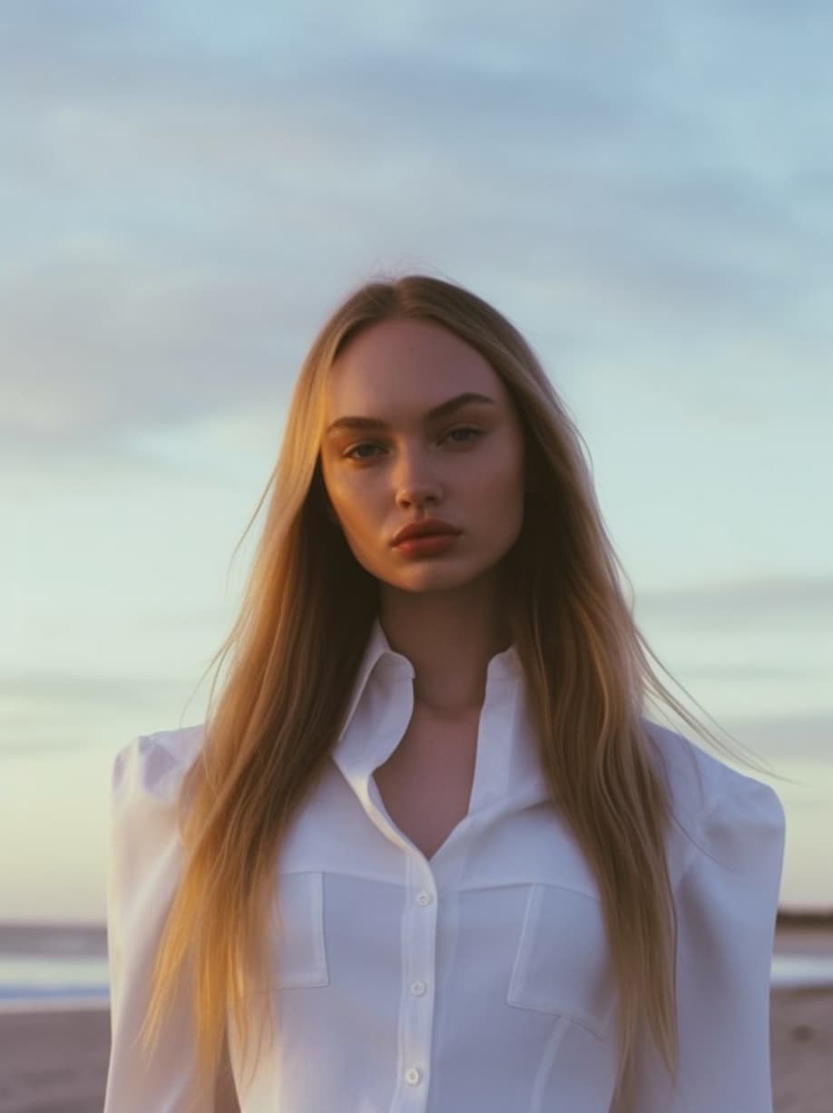AI generated: a woman standing on top of a beach next to the ocean, a picture, tumblr, portrait sophie mudd, portr...
