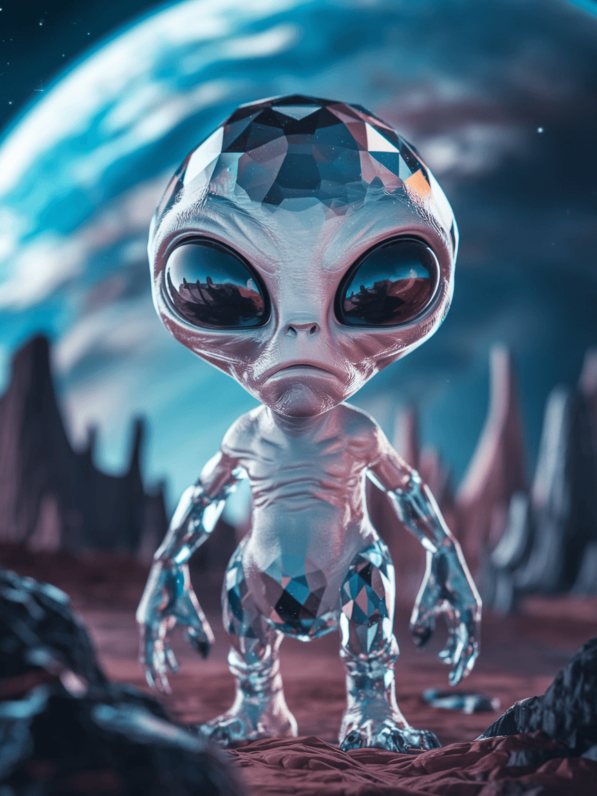AI generated: an alien made of crystal::2 big shiny black eyes, soulful eyes::planet in the background --v 4 --q 2...