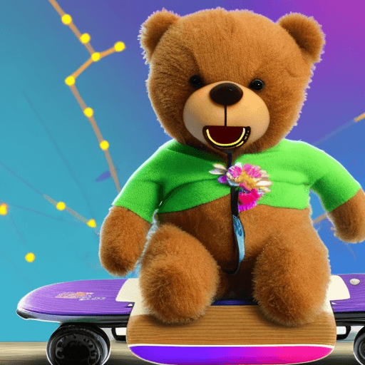 AI generated:  a photo of an adorable laughing teddy bear balancing on a skateboard. It's wearing stylish sunglass...