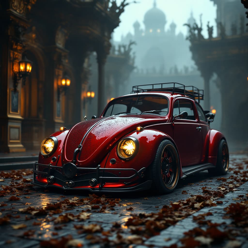 AI generated: General outline of a latest model red volkswagen beetle in steampunk style,  with glowing headlights...