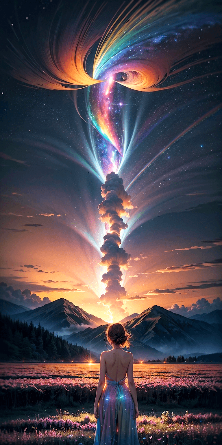 AI generated: A gorgeous girl in a glowing rainbow dress standing in a flower field facing foward (watching an ali...