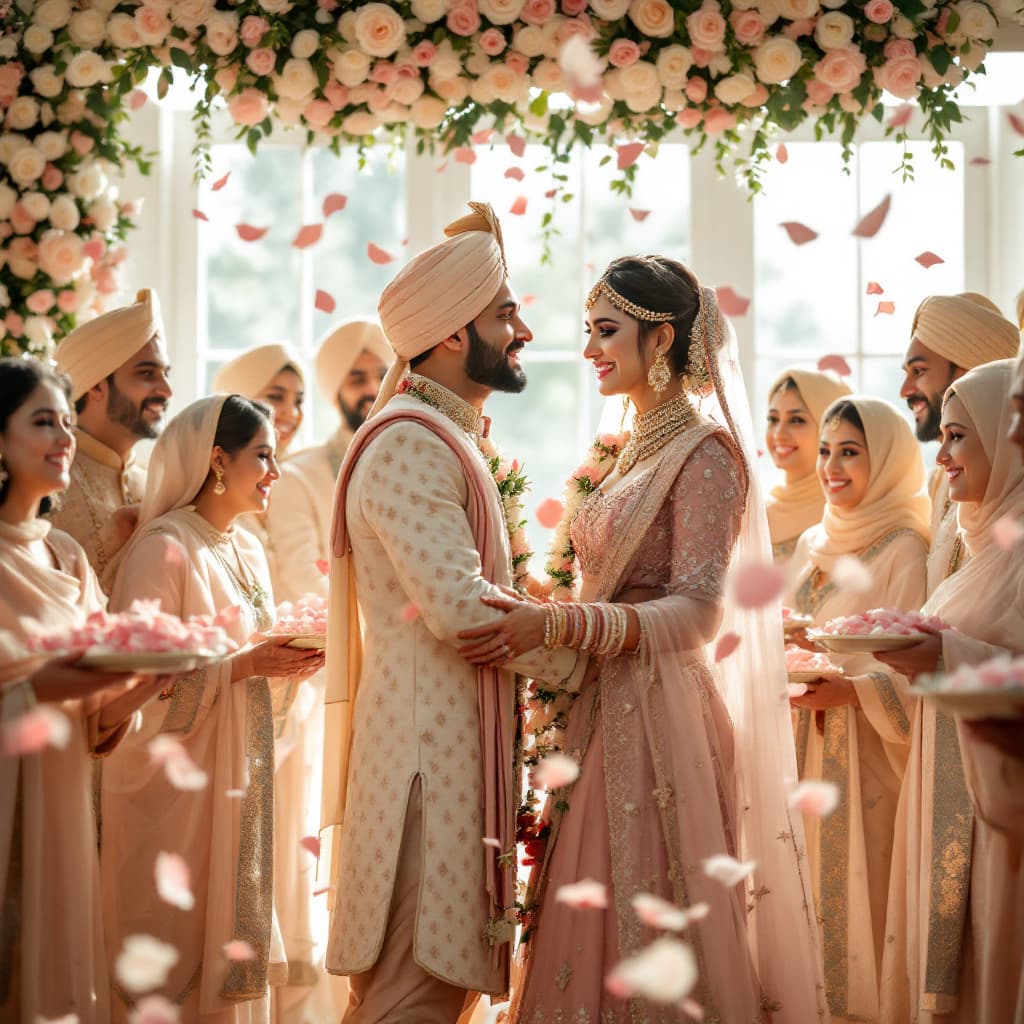 AI generated: A joyous Indian wedding ceremony bathed in natural light. The bride wears an intricately embroidered...