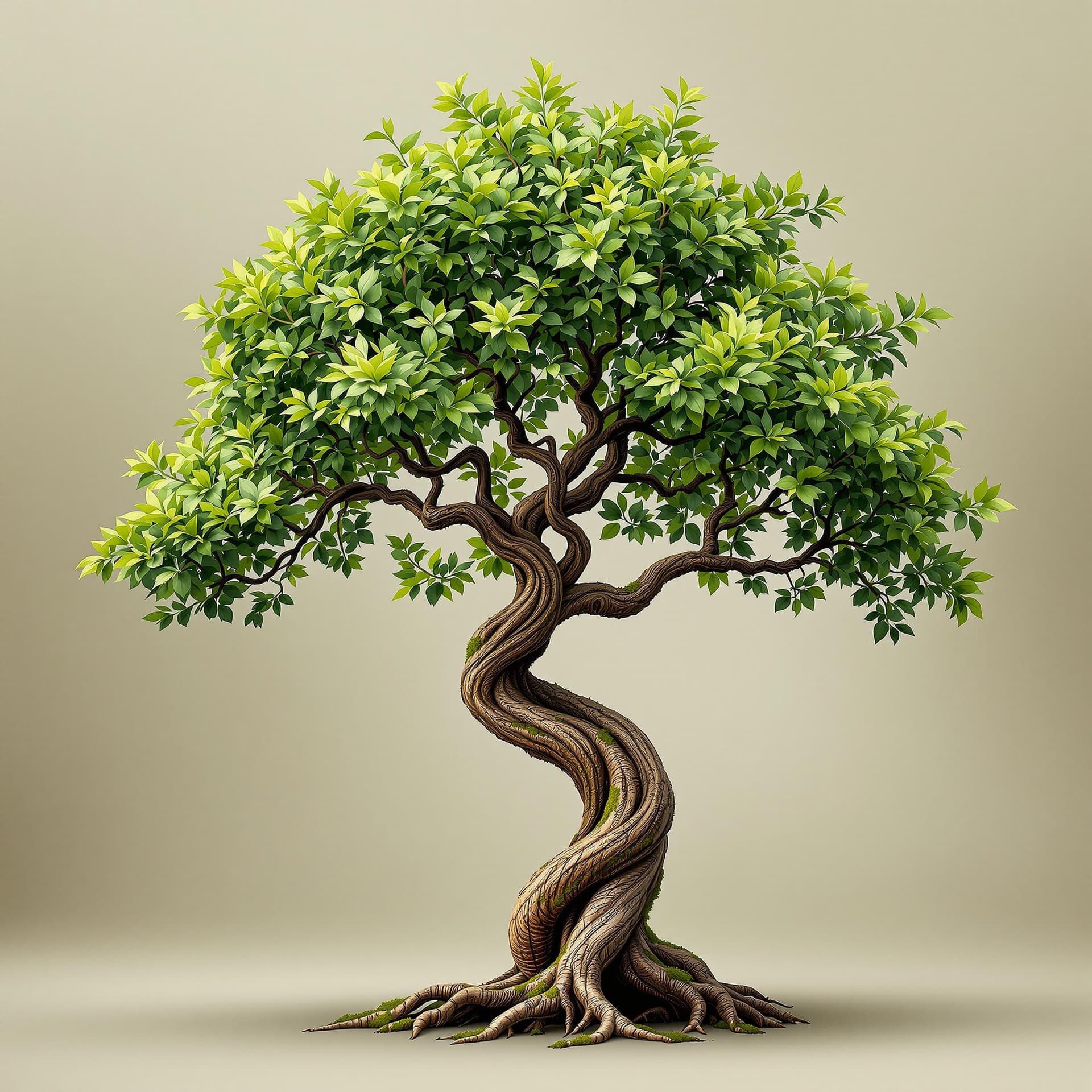 AI generated: The image features a single, intricately detailed tree with a twisted trunk and a lush canopy of gre...