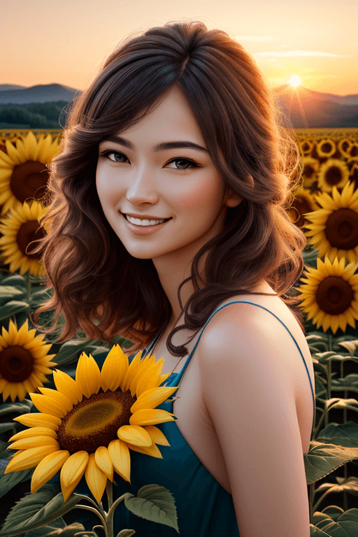 AI generated: ((best quality)), ((masterpiece)), ((realistic)), (detailed), portrait, woman smiling, sunflower fie...