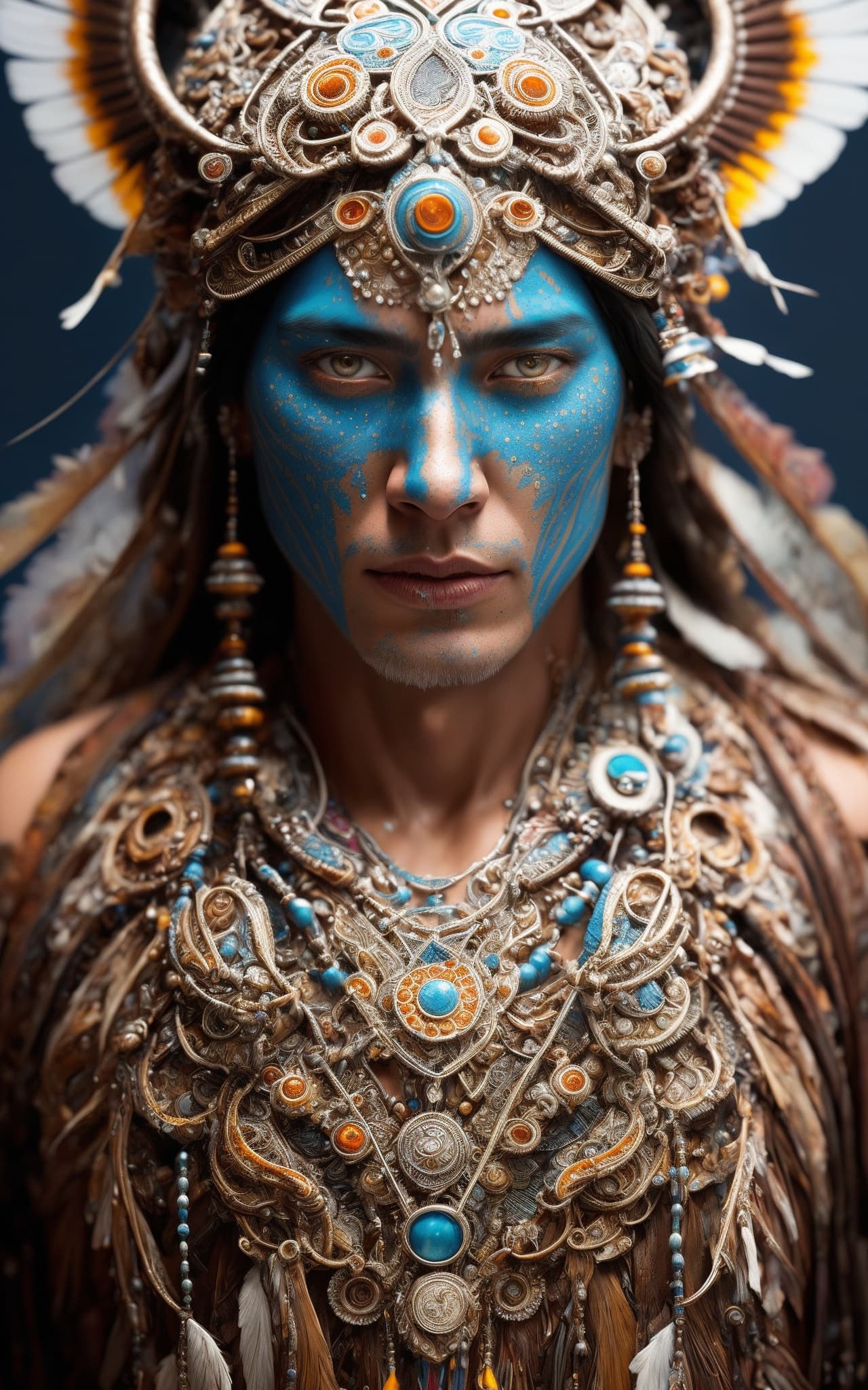 AI generated: Shaman, native american male fine art filigree, paper marbling! Oil splash!! Oil stained!!", intrica...