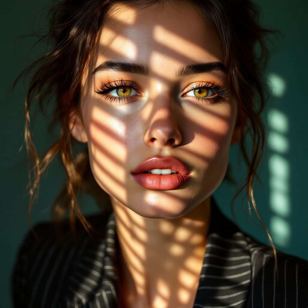 AI generated: Close-up portrait of a woman illuminated by soft, warm afternoon light streaming through window blin...
