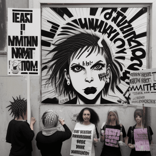 AI generated: feminist collage graffiti art collectif mouvement manifestation gathering protesting, black and whit...