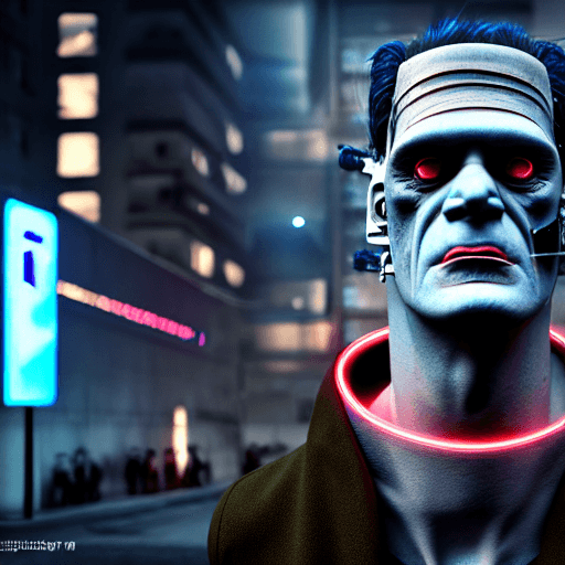AI generated: Frankenstein, cyberpunk, outdoor, street, royal blue, hyperrealism, photorealistic, 8k, unreal engin...
