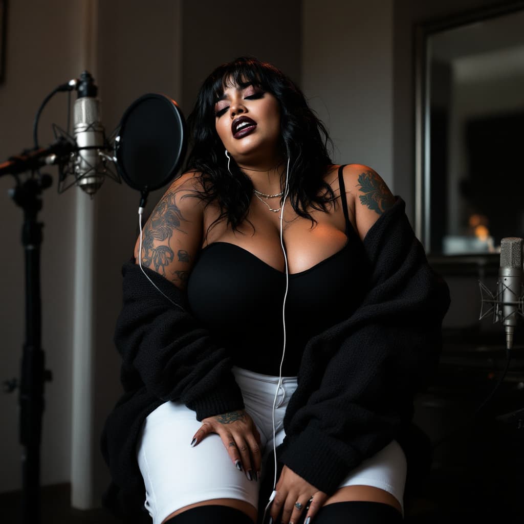 AI generated: beautiful plus size Puerto Rican woman 22-inch silky wet black hair that covers her eyes black makeu...