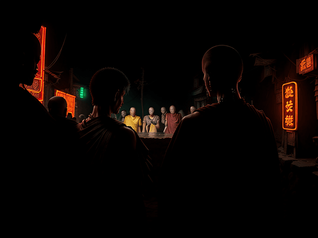 AI generated: men visit old monk in cyberpunk buddhist village from afar, old monk to receive people, flashing neo...