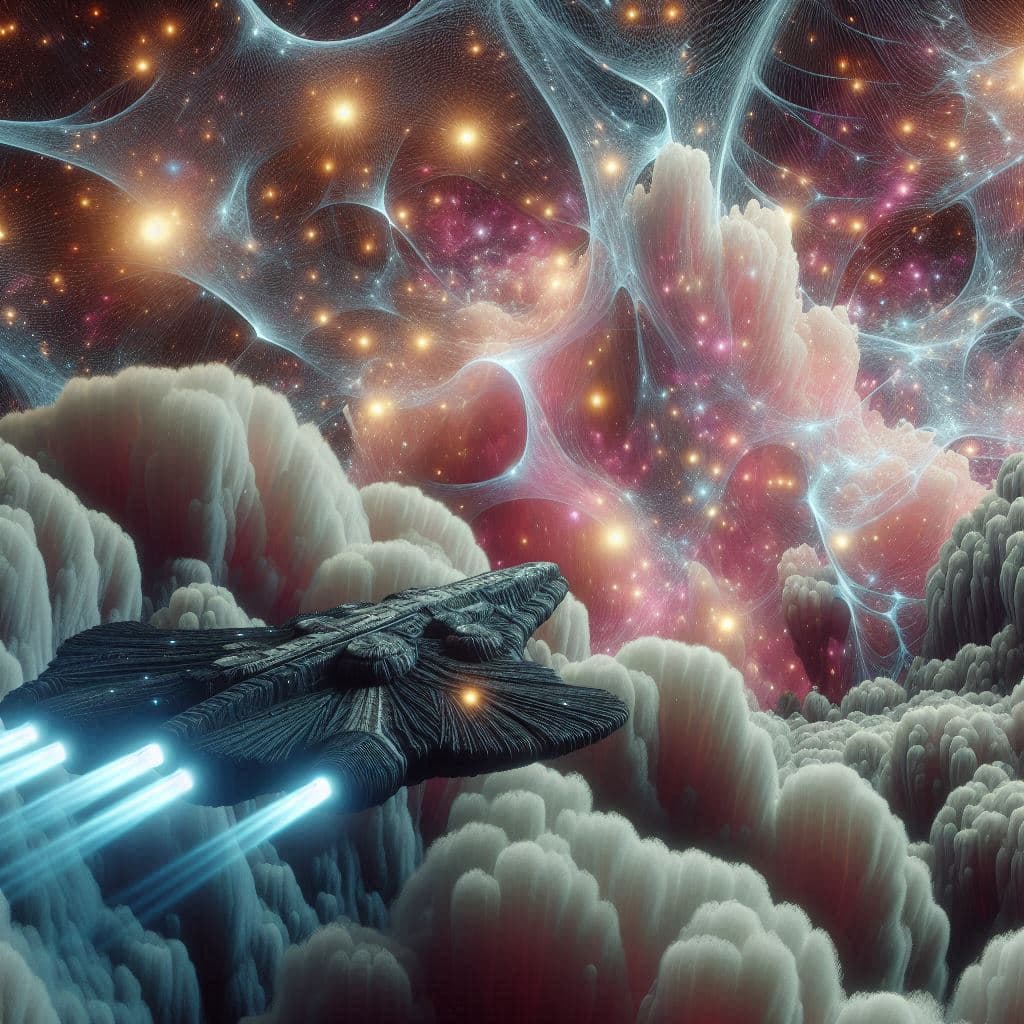 AI generated: Foreground is a dark bio-spaceship made of bioluminescent material with organic shapes. The strange ...