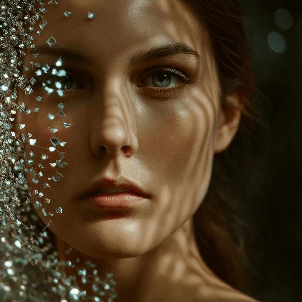 AI generated: shattered mirror, reflect, girl's face, cinematic shot + dynamic composition, incredibly detailed, s...