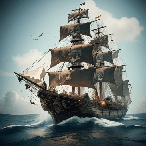AI generated: The image features a large pirate ship sailing on a body of water, with a skull and crossbones promi...