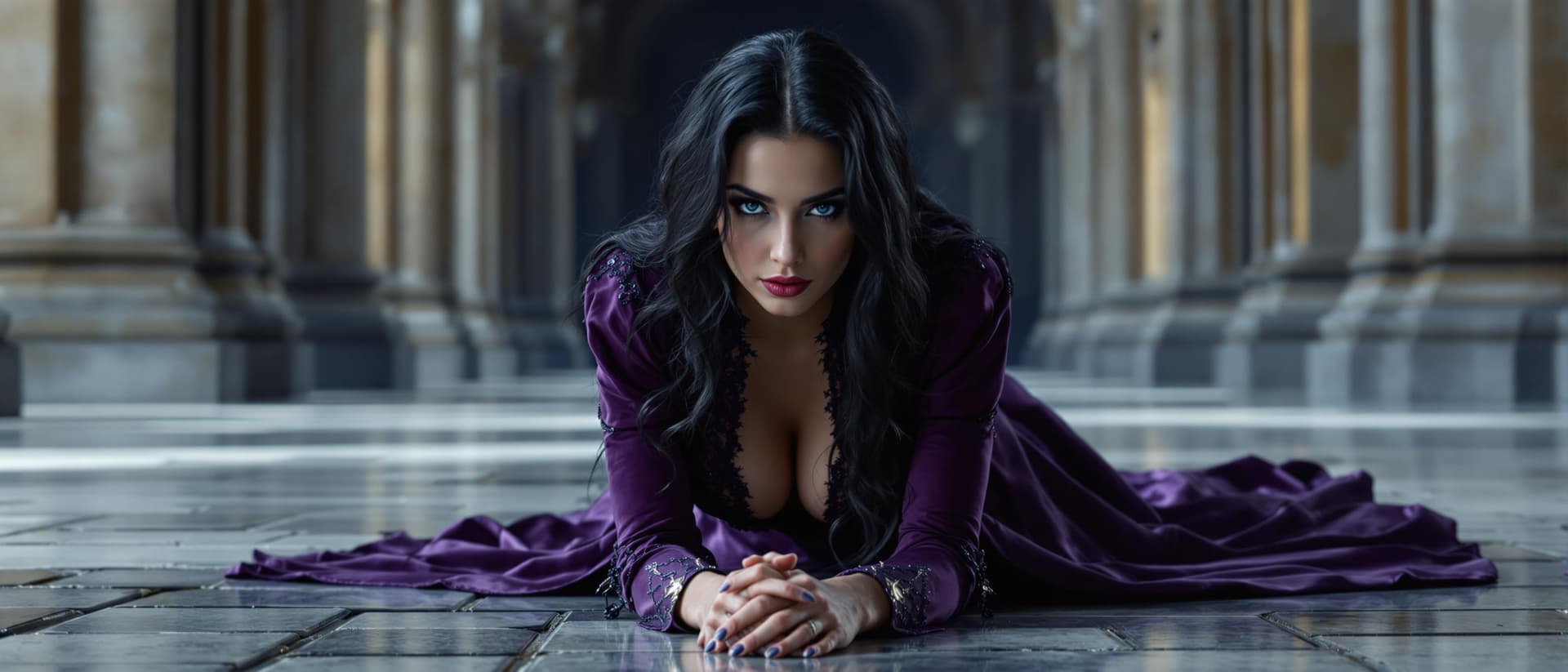 AI generated: A cinematic scene of Alina Dreymore, a noblewoman in her early thirties, positioned gracefully on he...