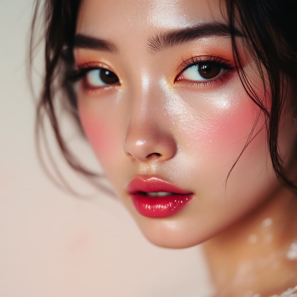 AI generated: an Asian woman, in the style of light amber and pink, blurred imagery, shiny/glossy, melting, drugco...