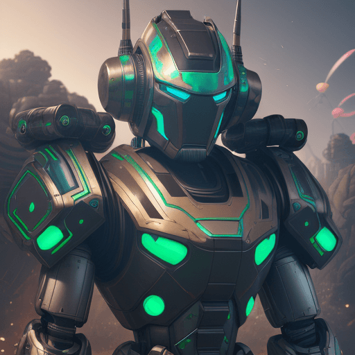 AI generated: a close up of a poster with great robot warrior , have strong body ,stands after the battle, looking...