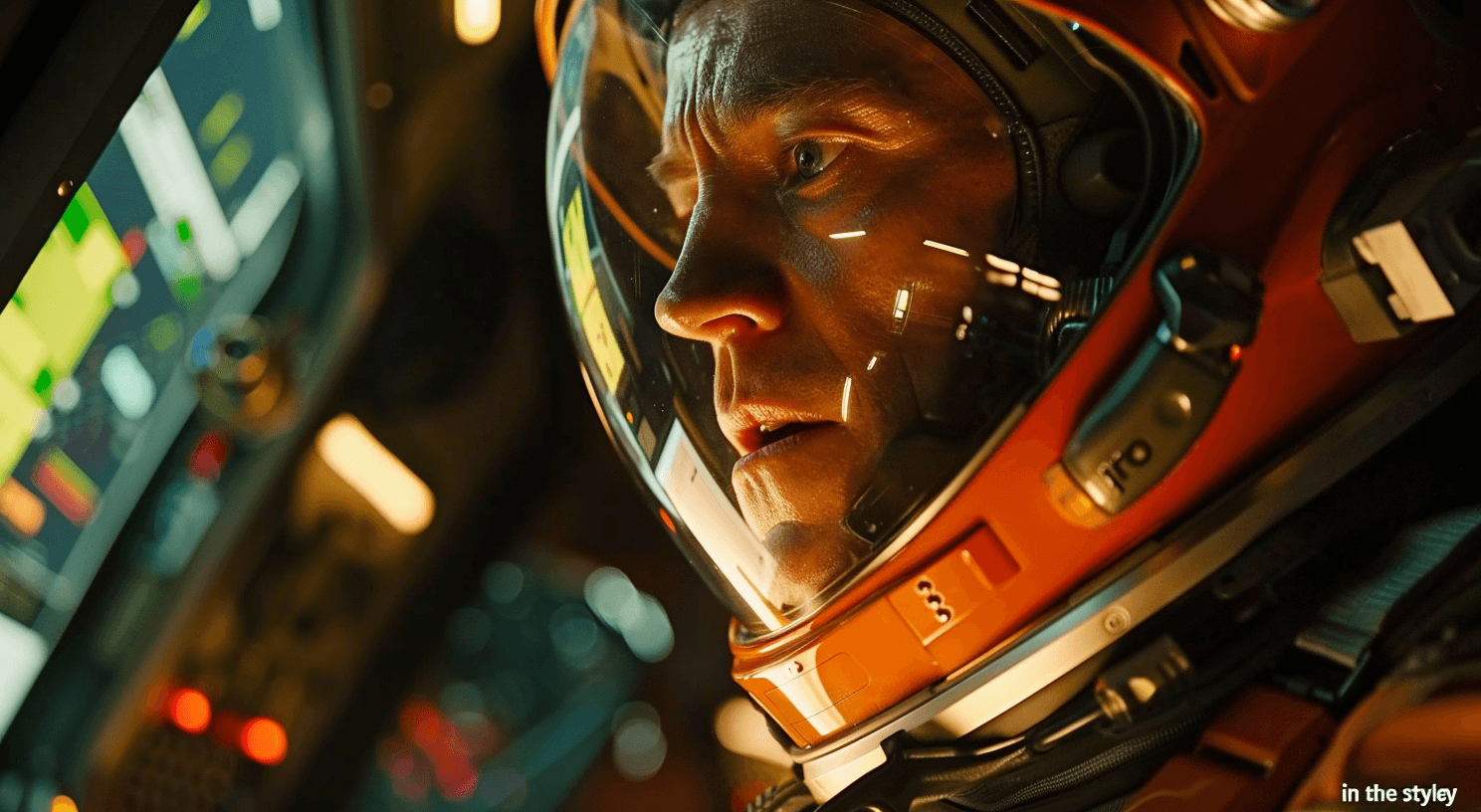 AI generated: Close up of a man in an orange space suit helmet, screen grab from a movie like alien. Rephrased to ...
