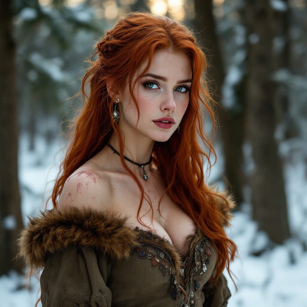 AI generated: Mature Female,  Long red hair, peasant style dress with bare shoulders and fur trim, tears in the dr...