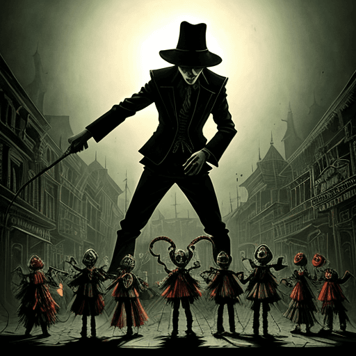 AI generated: a malevolent puppeteer with gnarled hands, controlling a troupe of twisted marionettes, puppeteer lu...