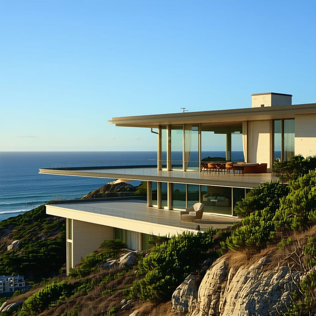 AI generated: Hyper realistic eye level exterior photo of a mid century modern style house overlooking the ocean, ...