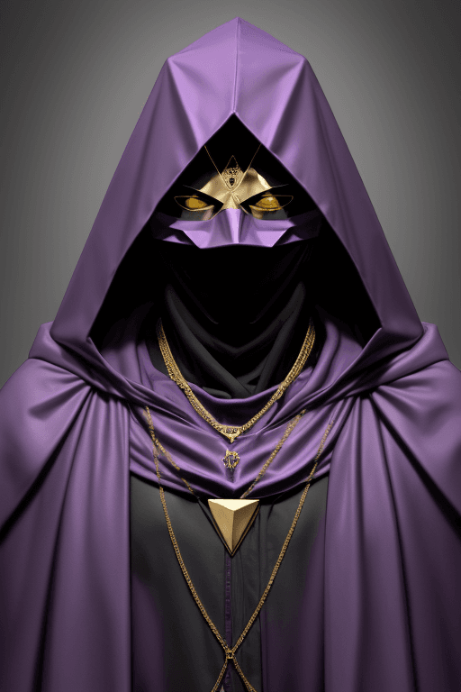 AI generated: Man in purple cloak hood, one big triangle mask, gold chains and jewellery. Invisible face