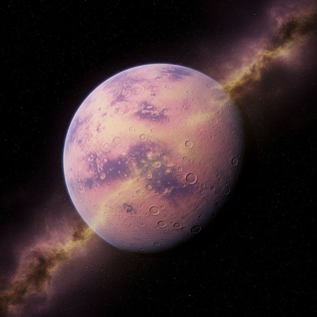 AI generated: A Pink, Purple and Yellow sandy planet floating in space with craters 
