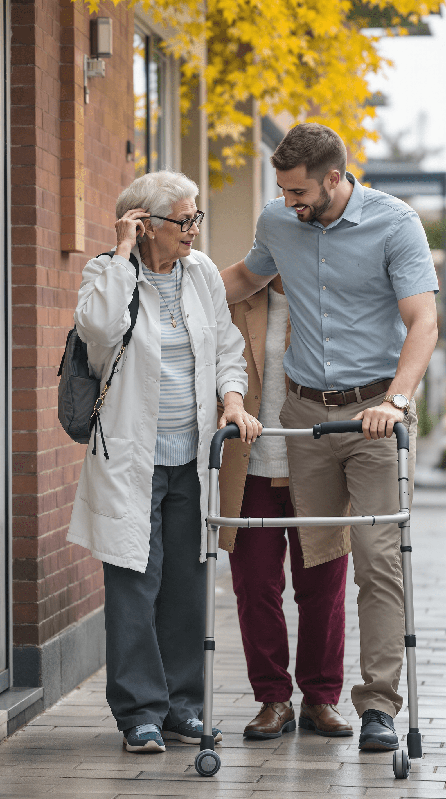 AI generated: Everyday companion: The picture is intended to show help for senior citizens: A young man accompanie...