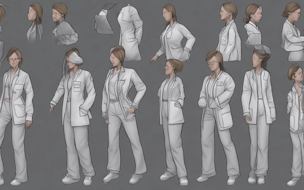 AI generated: Facility admin, lab coat, formal, female, long pants, full body, model sheet, turn around, full colo...