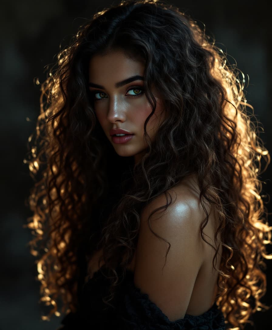 AI generated: gorgeous woman with curly long hair, deep shadows, HDR, 32k, extremely intricate details