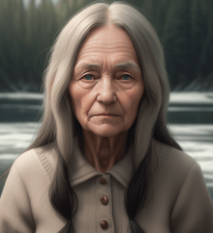 AI generated: a old woman with long dark hair in front of her face, in the style of sony alpha a7 iii, symmetrical...