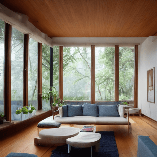 AI generated: High resolution photography interior design, dreamy sunken living room conversation pit, wooden floo...