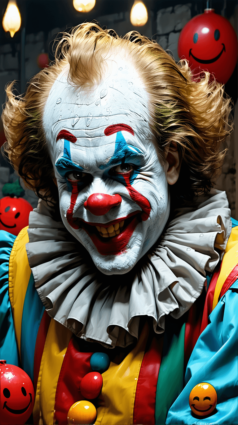 AI generated: 

Happy clown,tilling teardrops in shape of smileys pattern blend,ultrarealistic,ultradetailed,16K...