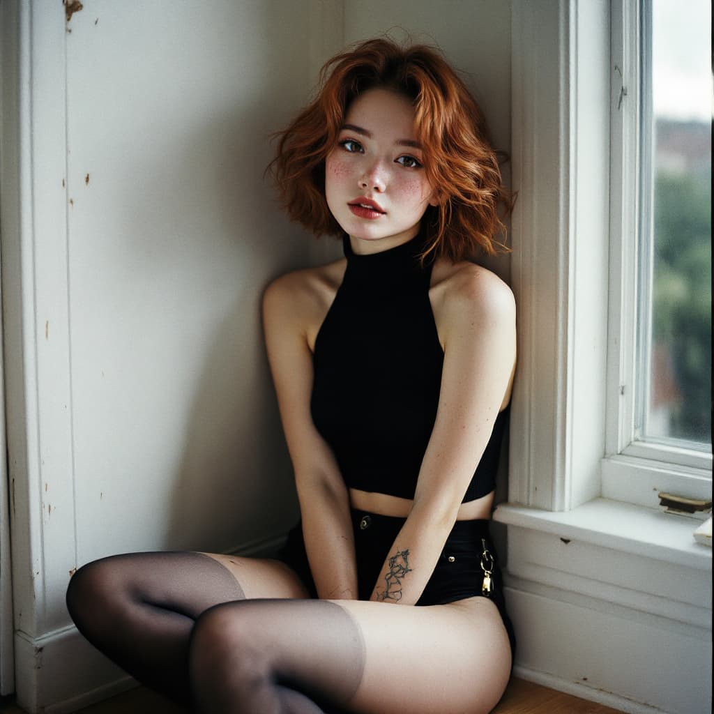 AI generated: photo, a cute Asian woman, oily, sitting pose, on wood flooring the corner, cottage core home, cover...